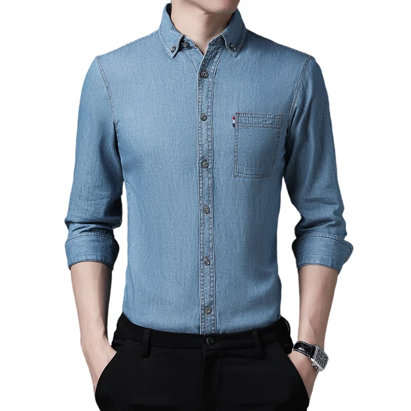 

autumn Cotton Denim Shirts Men Casual Solid Color Long Sleeve Shirt for Men Spring High Quality tooling tops Male cowboy Shirt