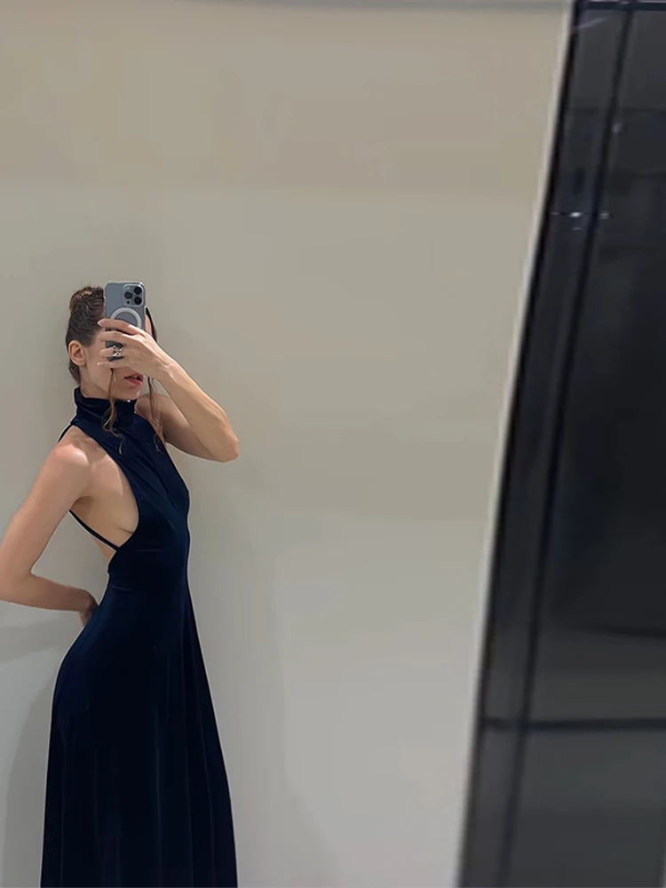 Backless Halter Samt Langes Kleid Frauen Sexy Ärmellose Taille Cinching Großen Rock Party Abendkleider Chic Damen Vestido Longo – Detail 35
