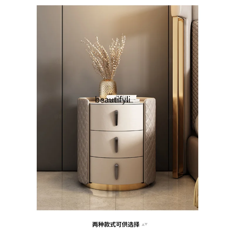 

Light Luxury Minimalist round Bedside Table Bedroom Solid Wood Stone Plate Bedside Cabinet