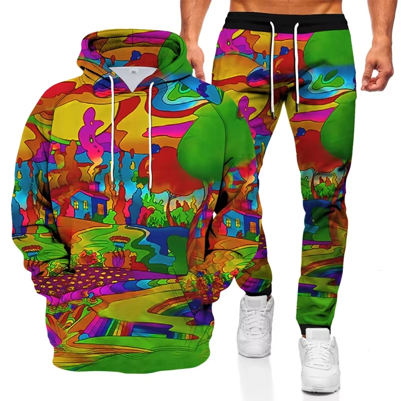 Autumn 3D Printed Hoodies Pant Sets for Men