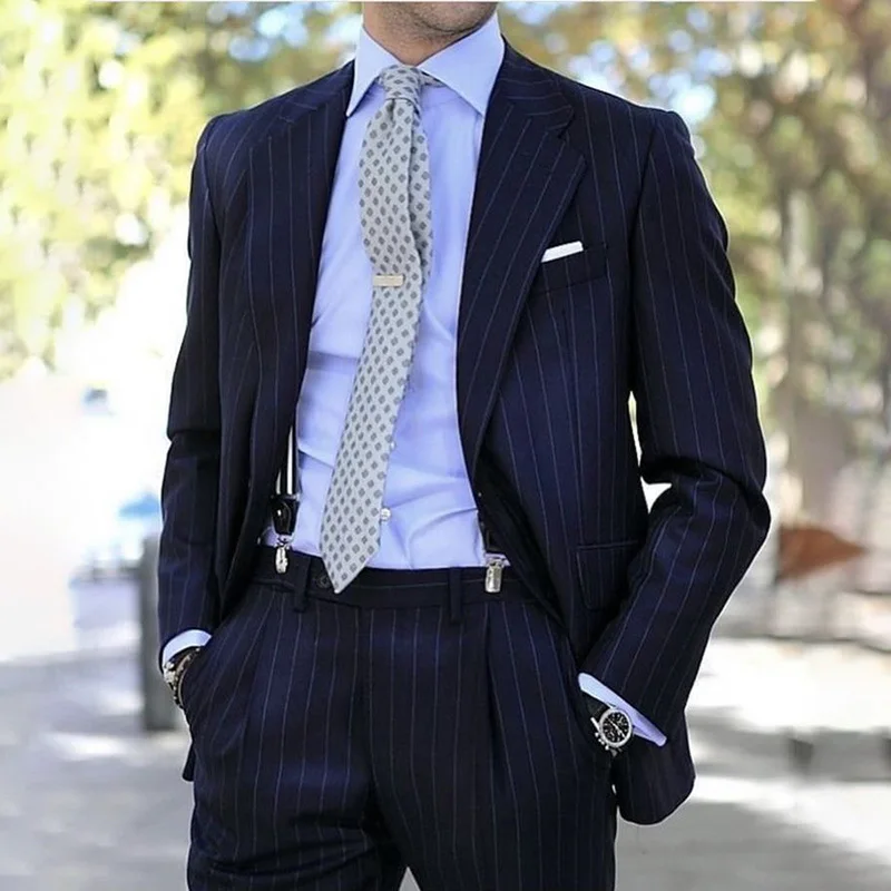 Latest Navy Blue Striped Suits for Men 2 Piece Slim Fit Formal Wedding Tuxedo Notched Lapel Striped Business Groom Male Suit