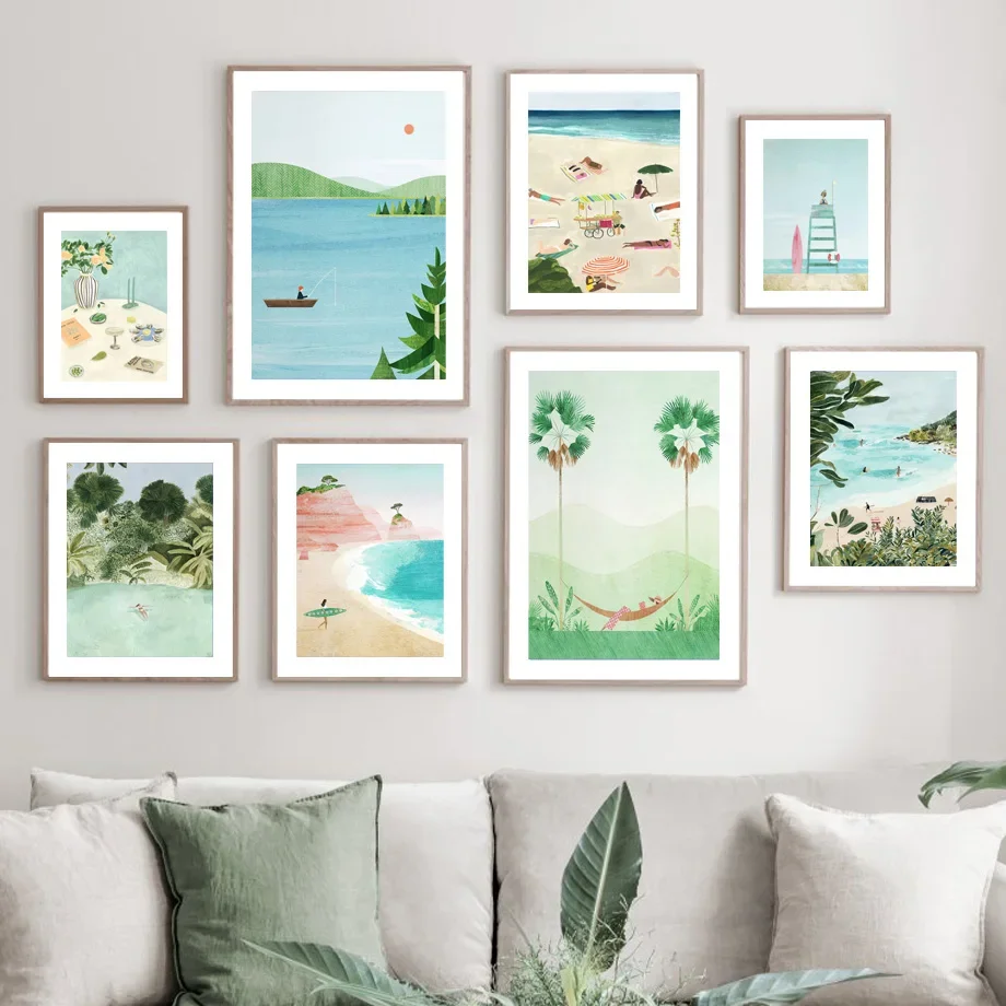 Tropical Abstract Wall Art Canvas Paintings Swim Surfing and Fishing Beach Posters Decorative Pictures for Living Room