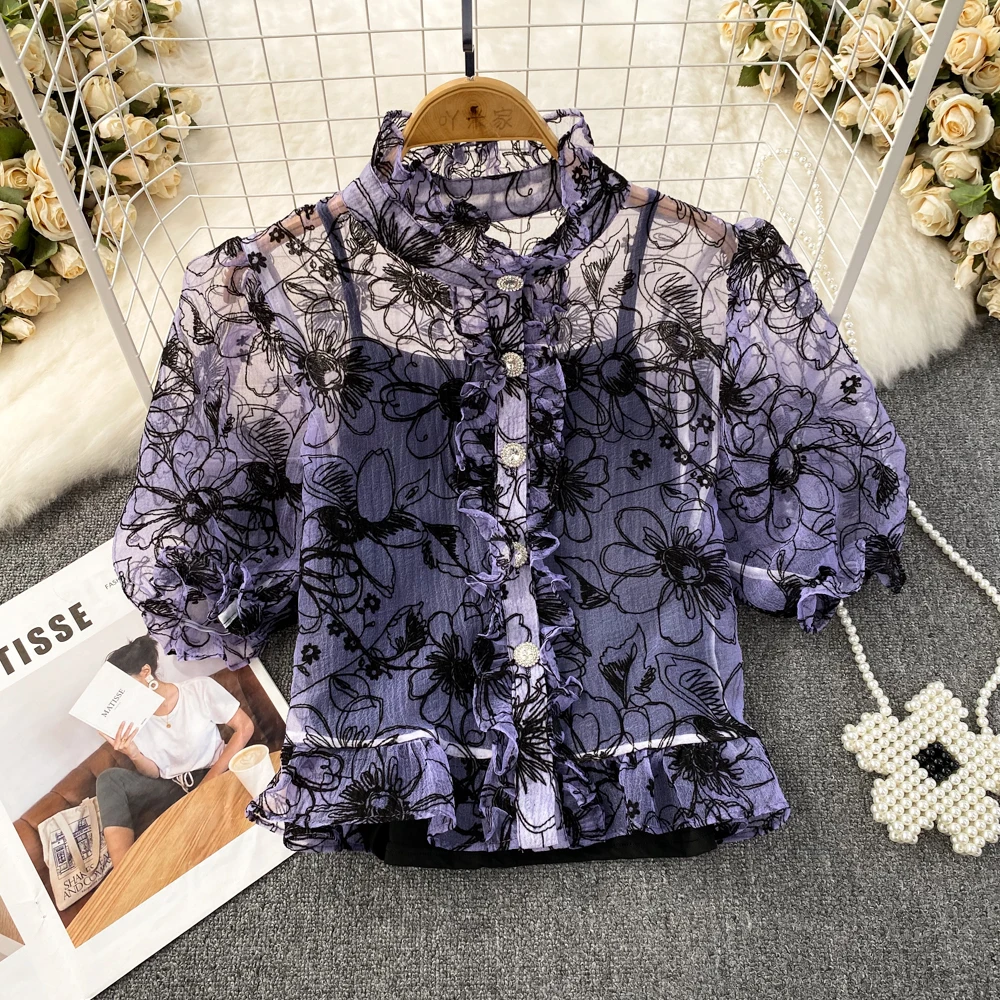 

Summer Fashion Splice Stand up Neck Bubble Sleeve Organza Single breasted Shirt Slim Fit Short Top