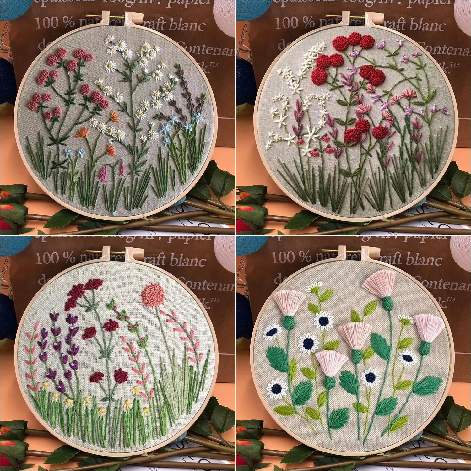 3D Embroidery Starter Kits with Flowers Pattern for Adults Beginners Floral Stamped Cross Stitch Kit Hand DIY Needlepoint Kit,Embroidery Set,Embroidery Kits