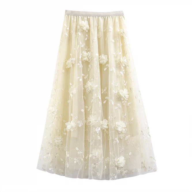 Luxury Woman Skirts 2021 Korean style Fashion Elastic Waist Appliques Embroidery Floral Mesh Skirt Long Gauze Ball Gown Beige maxi skirt