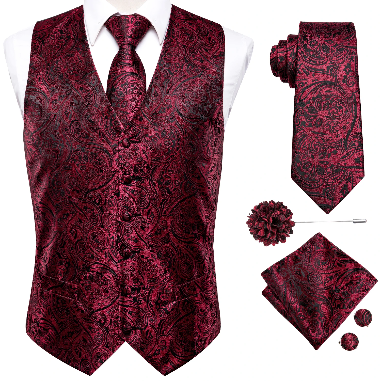 Hisdern Herenvest Paisley Bloemen Jacquard Stropdas Pocket Vierkante Zakdoek Vest Pak Set, Zwart, S