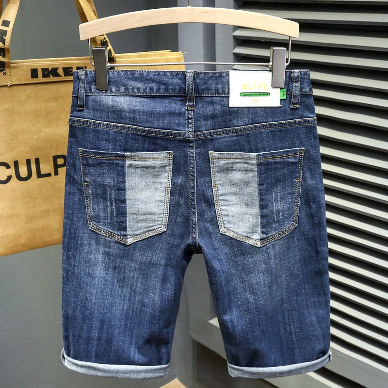 EH·MD® Men's Denim Shorts Light Blue Hand Embroidered Pasted Cloth Small Leg Midpants Elastic Hole Cotton Summer Flanging New