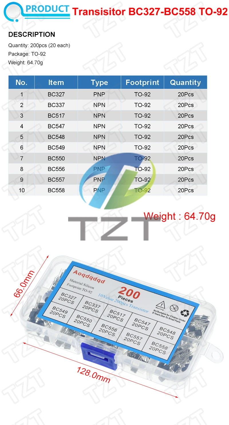 TZT 1BOX 200 Stück = 10 Werte * 20 Stück BC327/BC337/BC517/BC547/BC548/BC549/BC550 BC556/BC557/BC558 – Detail 1