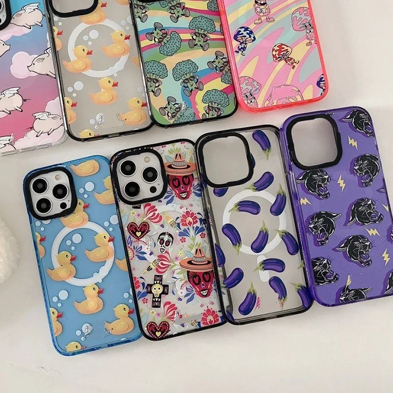 MagSafe Acrylic Cartoon Duck Eggplant Phone Case Cover for IPhone 11 12 13 14 15 Pro Max Case for IPhone 15 Pro Max