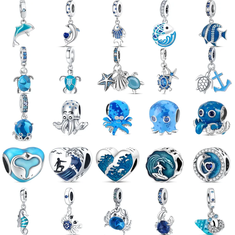 

925 Sterling Silver Blue Ocean Waves Octopus Sea Turtle Dolphin Whale Fish Crab Cute Glass Beads Fit Pandora Charms DIY Bracelet