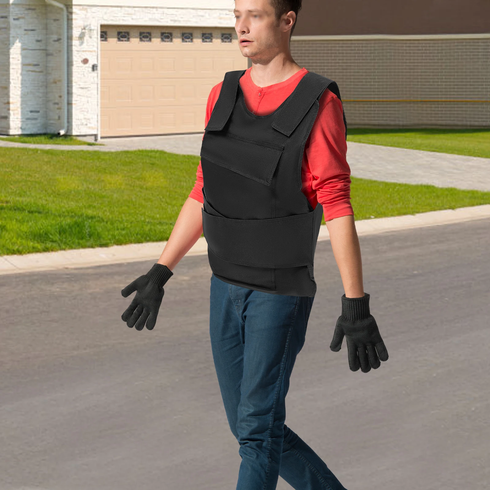 Anti-Stich-Weste-Handschuhe, Schutzweste vorne und hinten, verstellbare Jacke aus hochmanganstahl für Sicherheit, knifest, schwarz – Detail 14
