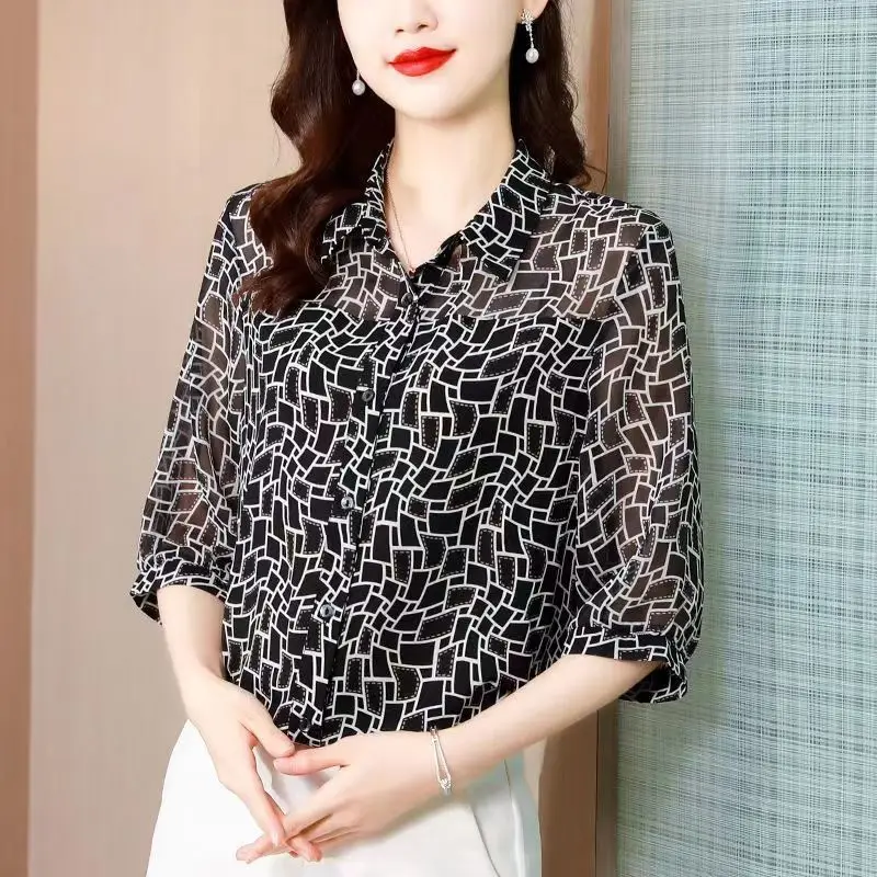 Stylish Geometric Printed Casual Shirt Female Clothing Commute Single-breasted All-match Summer Turn-down Collar Spliced Blouse