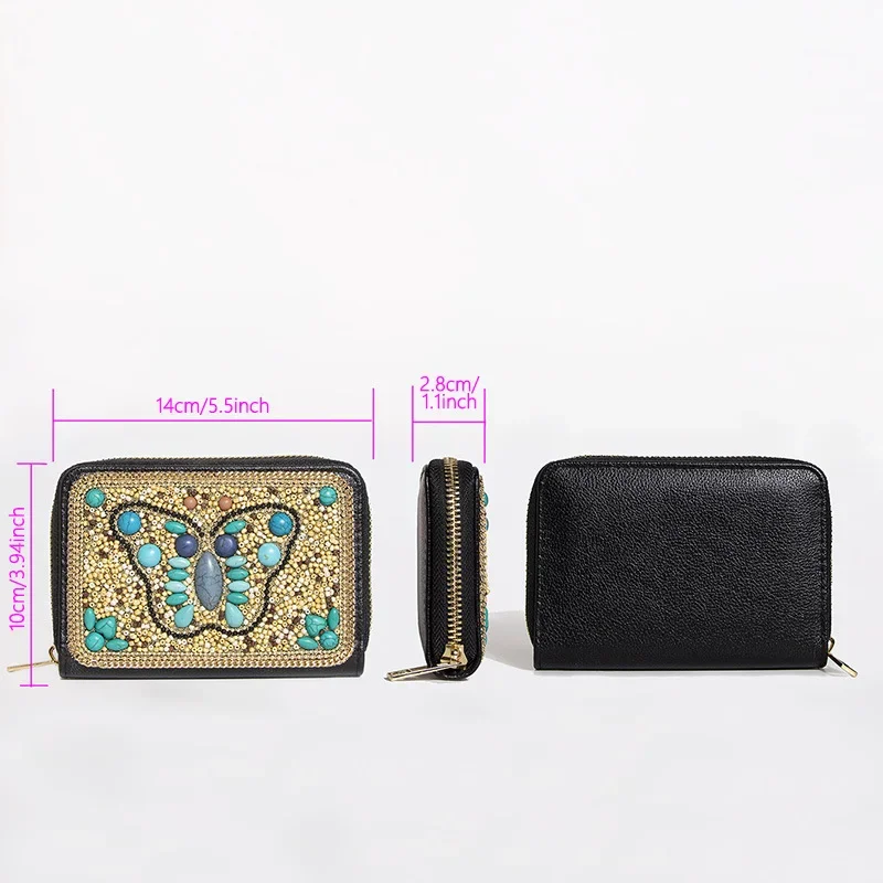 Bohemian Style Coin Pouch for Women Luxury Mini Beading Purse Butterfly Flowers Zipper Card Bag Cute Stone Sqaure Wallet Cartera