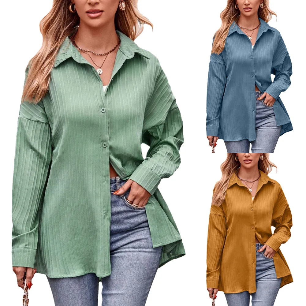 

Loose casual long sleeved shirt for women's autumn and winter 2023 new casual double line jacquard loose solid color top