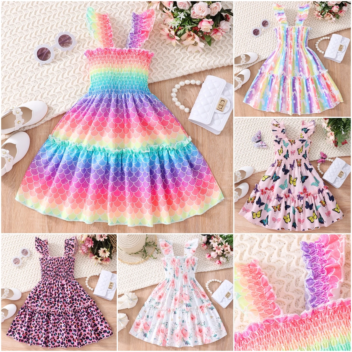 

Summer Dress for Girls Cartoon Animal Mermaid Butterfly Rainbow Flying Sleeve Kids Dresses Cotton Ruffles Toddler Girl Clothes