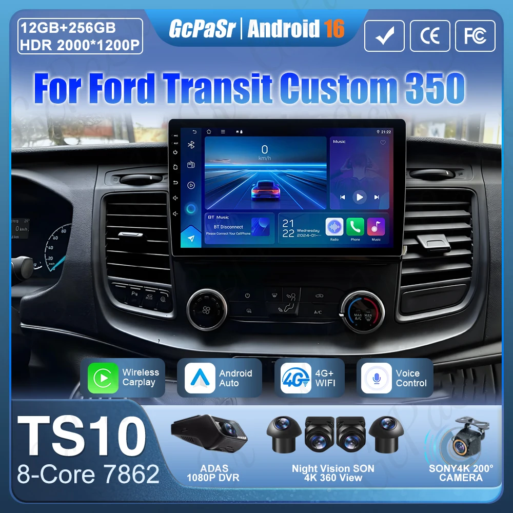 Radio de coche Android 16 para Ford Transit Custom Transit V363 350 reproductor Multimedia Carplay navegación GPS 4G Wifi vídeo estéreo 2din 1