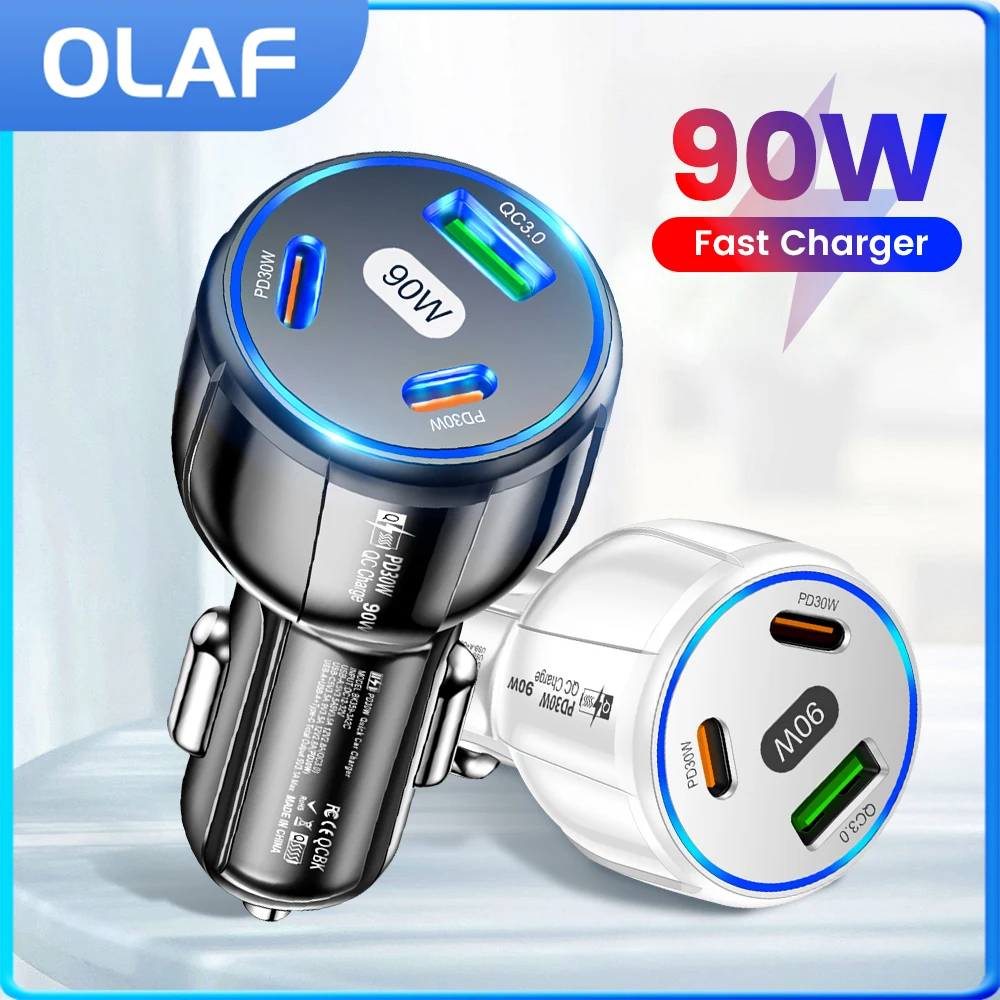 Caricabatteria Da Auto Da 90W 3 Porte Usb + 2Pd Ricarica Veloce Per Xiaomi 13 Pro Oneplus 11 10 Pro Iphone 14 13 12 Pro Max Poco F5 Samsung S22 S23 Ul