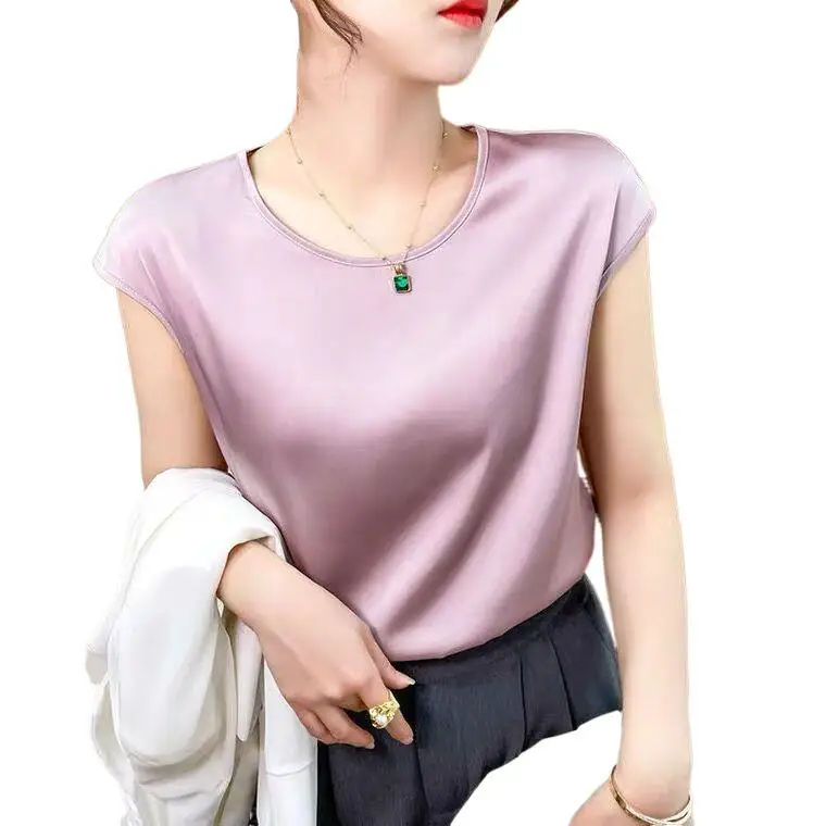 

Korean fashion streetwear chiffon shirt Blusas Office Lady Acetate satin Tops Summer Short Sleeve artificial silk Blouses
