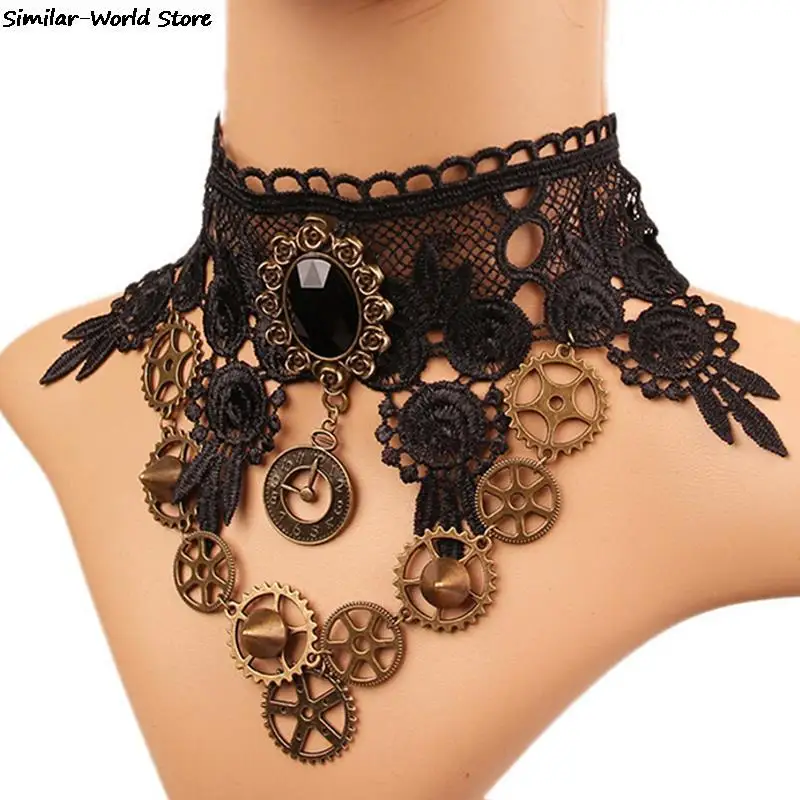 

Collares Sexy Gothic Chokers Crystal gear chain Black Lace Neck Choker Necklace Vintage Women Chocker Steampunk Jewelry