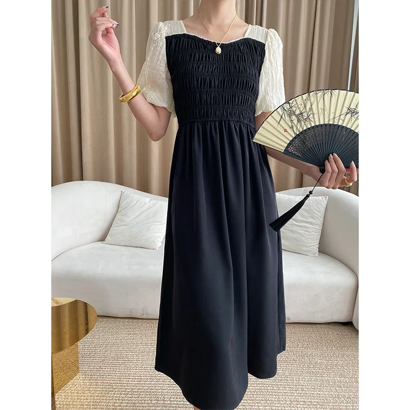 

Chic Quality 2023 Summer French Pleated New Chinese Design Dress Embroidery Square Collar Slim Women Dress