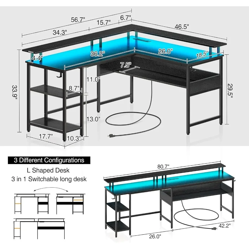 Computer Desk L Shaped 56.7" with LED Lights and Power Outlets, Reversible L Shaped Gaming Desk with Monitor Stand, 6