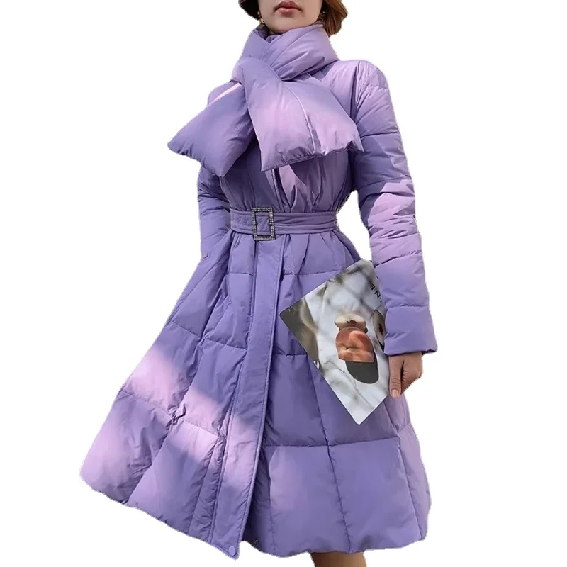 Fashion Detachable Scarf Waist-Tight White Duck Down Jacket Female Winter New Mid-Length Thickened Warm Purple Coat for Women