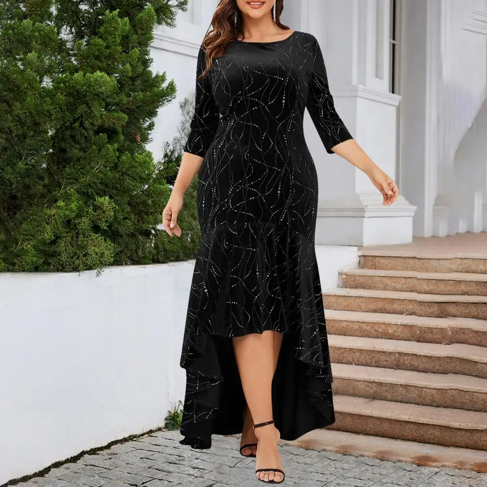 

Lady Maxi Dress Elegant Plus Size Maxi Dress with Three Quarter Sleeves Irregular Hem for Prom Party Women's High Waist