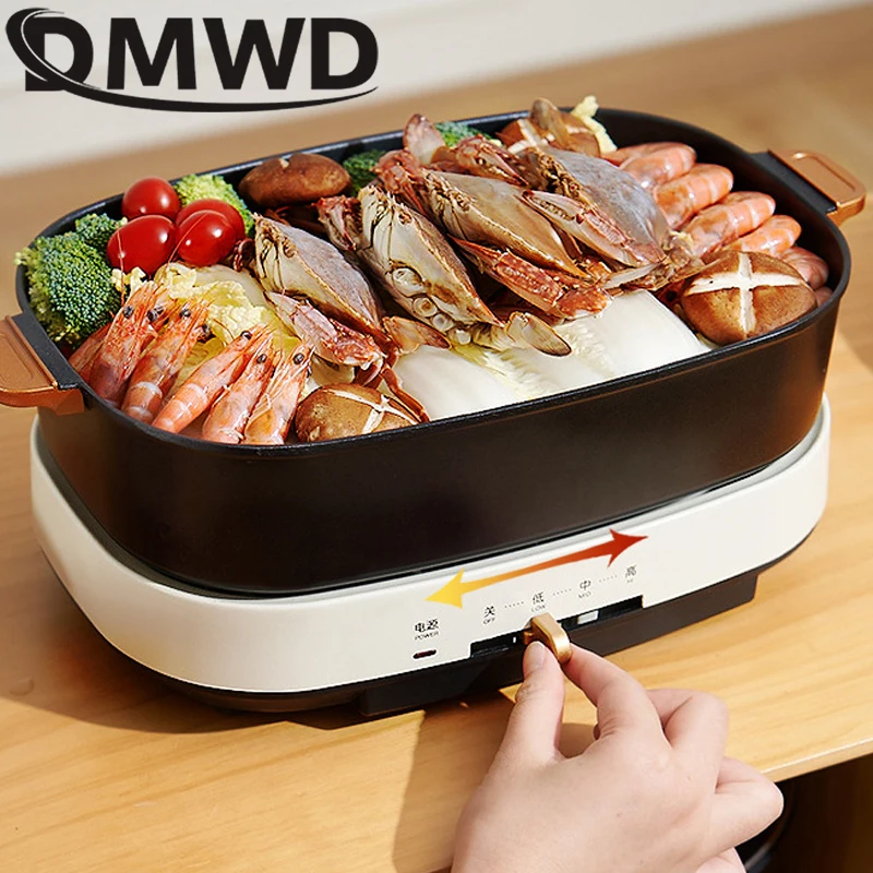 DMWD Electric Split Hot Pot Multifunctional Cooking Pot BBQ Grill Barbecue Oven Plate Non-stick Frying Pan Food Cooking Soup Pot 4