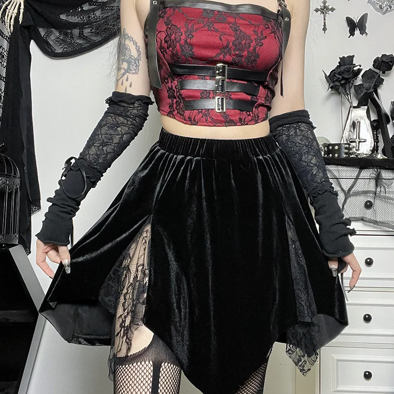 

New Slim Velvet and Lace Irregular Gothic Skirt European and American Fashion Dark Punk Style Elastic Waist Ladies Clothes