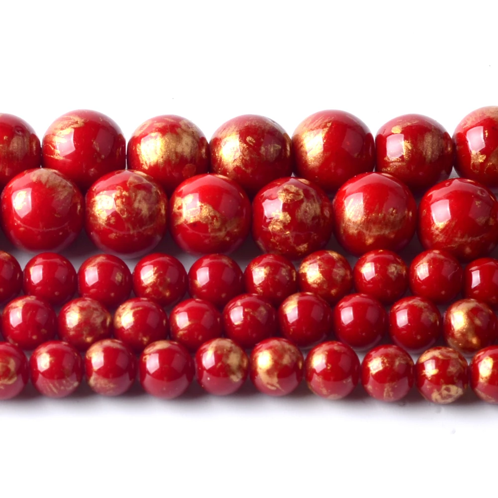 White Red Gold Plated Jade Round Natural Stone Beads for Jewelry Making and DIY Accessories