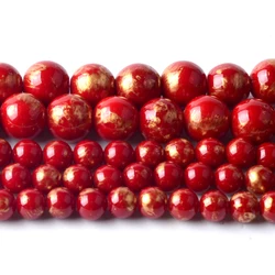 White Red Gold Plated Jade Round Natural Stone Beads for Jewelry Making and DIY Accessories (Red)