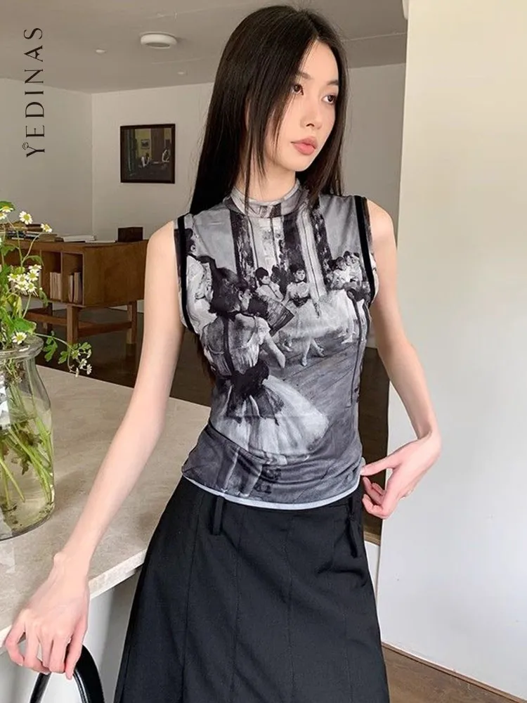 Yedinas 터틀넥 얇은 메쉬 탑 민소매 티셔츠, 그런지 미학 프린트 탱크 탑, 고딕 시스루 여름 탑, Y2k 탱크 - AliExpress