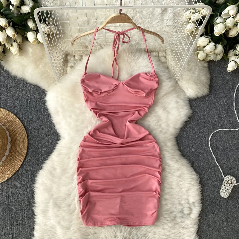 

Women ssTss Sexy Lace-up Halter Collar Sleeveless Backless Mini Dress Summer Fashion Solid Slim Ruched Bodycon Party Dress