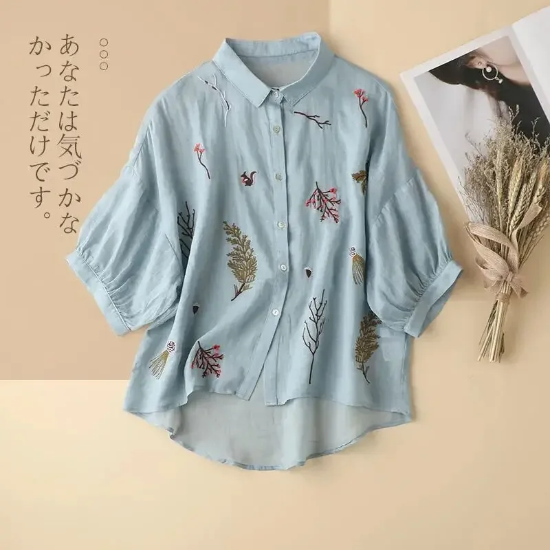 コットンリネン ルーズトップス 春夏 3色 女性用7ポイントコットンリネン刺繍シャツ,ルーズカジュアル