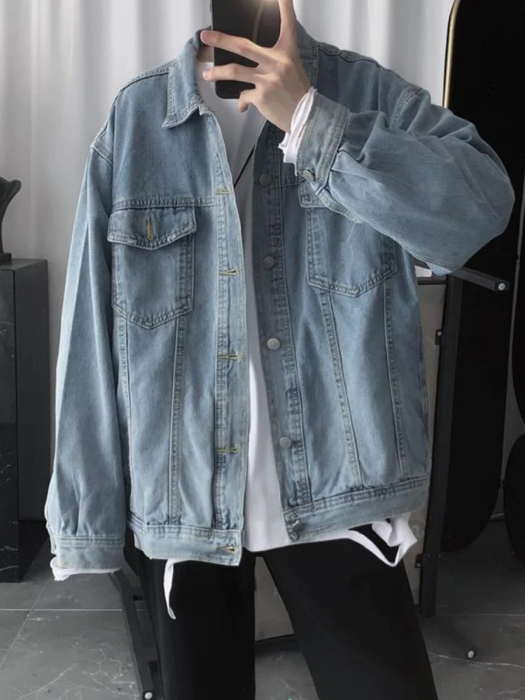 

Куртка мужская джинсовая однобортная, однотонный пиджак из денима, с карманами, уличная одежда оверсайз, черная верхняя одежда