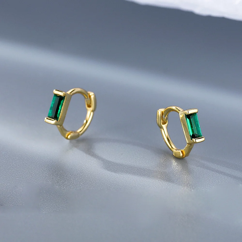 

Fashion Simple Green White Geometric Square Zircon Ear Buckle for Women Genuine 925 Sterling Silver Ladies Hoop Earrings Jewelry
