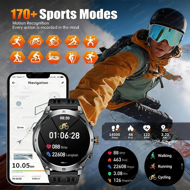 2026 Built-in GPS Offline Map Position Smart Watch 1000mAh Battery 5ATM Waterproof 1.75"AMOLED Compass 170+Sports Smartwatch men 5