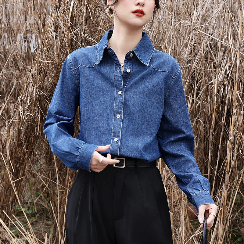 Miiiix 한국 패션 데님 셔츠, 레트로 홍콩 풍미, 루즈 긴팔 셔츠, 여성 의류, 디자인 감각