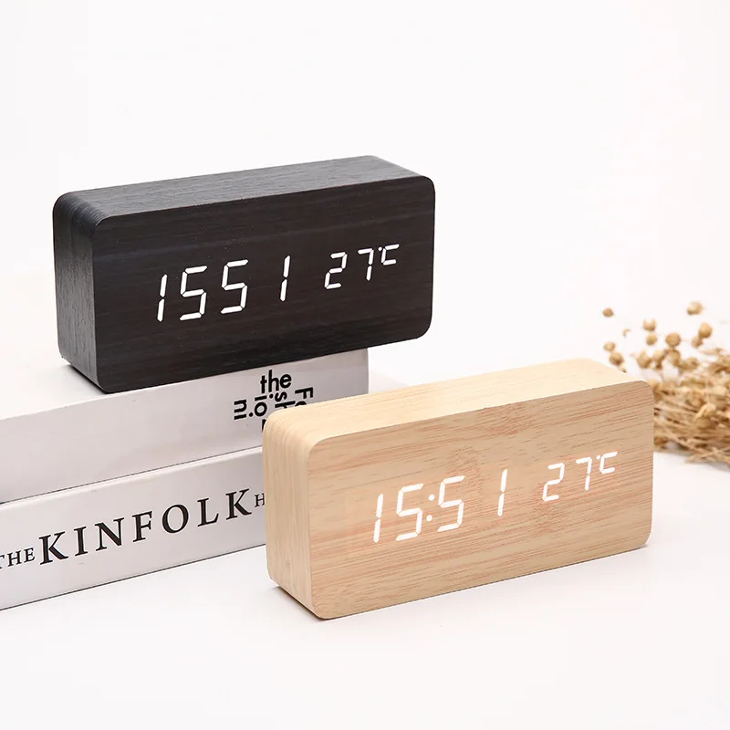 LED Student Alarm Clock Simple Wooden Clock Temperature Display Sound Control Desktop Home Decorative