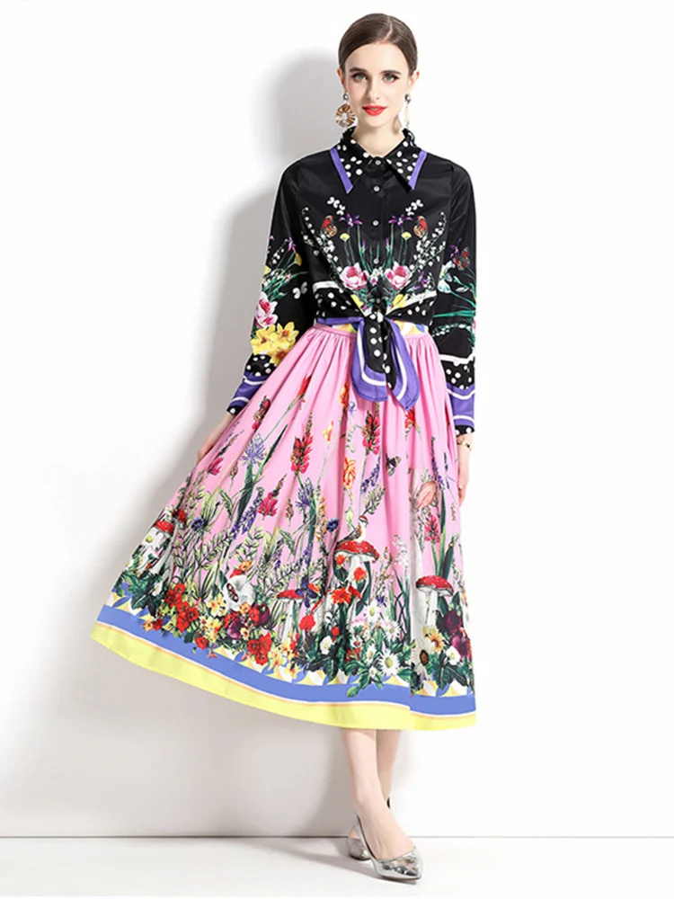 

JAMERARY Fashion Summer Two Piece Set Women's Dot Flower Print Black Bow Tie Shirt Top + Floral Pink Long Rabbit Skirts Suits