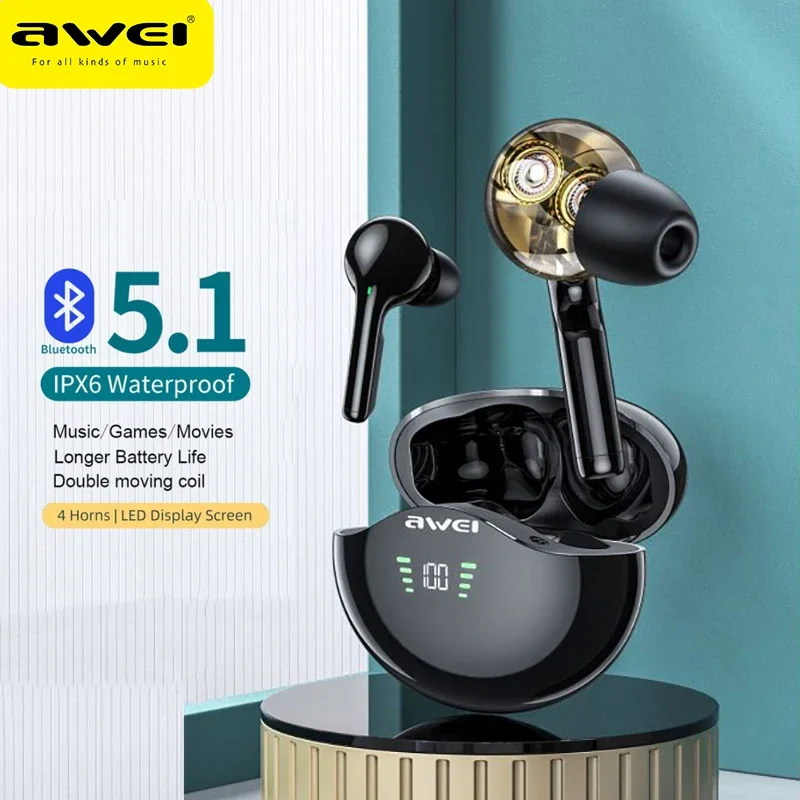 

Awei T12P TWS Earphone Dual Dynamic Driver Wireless Bluetooth Headset Deep Bass Hand Touch Control In-Ear Headphone With Mic