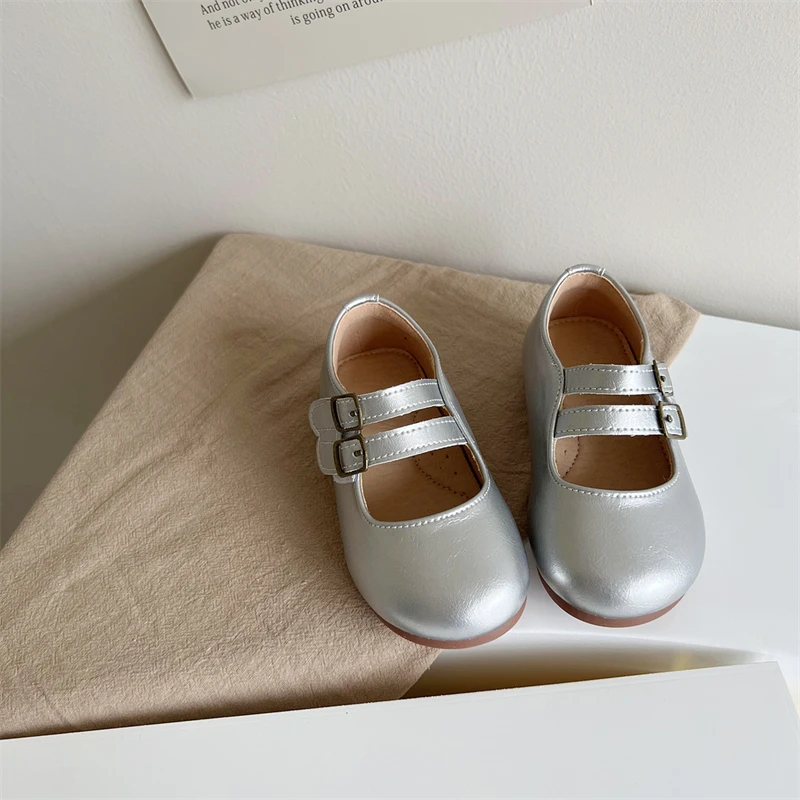 

New Silver Leather Shoes Girls Soft Sole Shallow Mouth Comfortable Princess Shoes Children Flats Toddler Baby Kids Fashion 2A