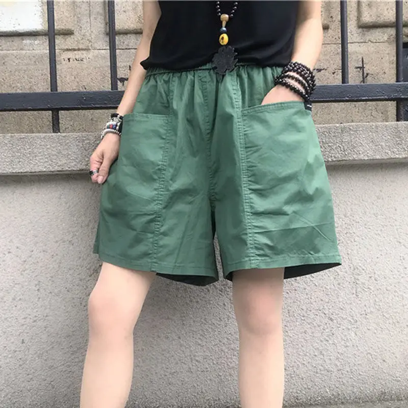 Women's Cotton Linen Shorts Hot Sale Elastic High Waist Wide Leg Trousers Casual Korean Fashion Short Femme Summer Clothing J204 levis shorts Shorts