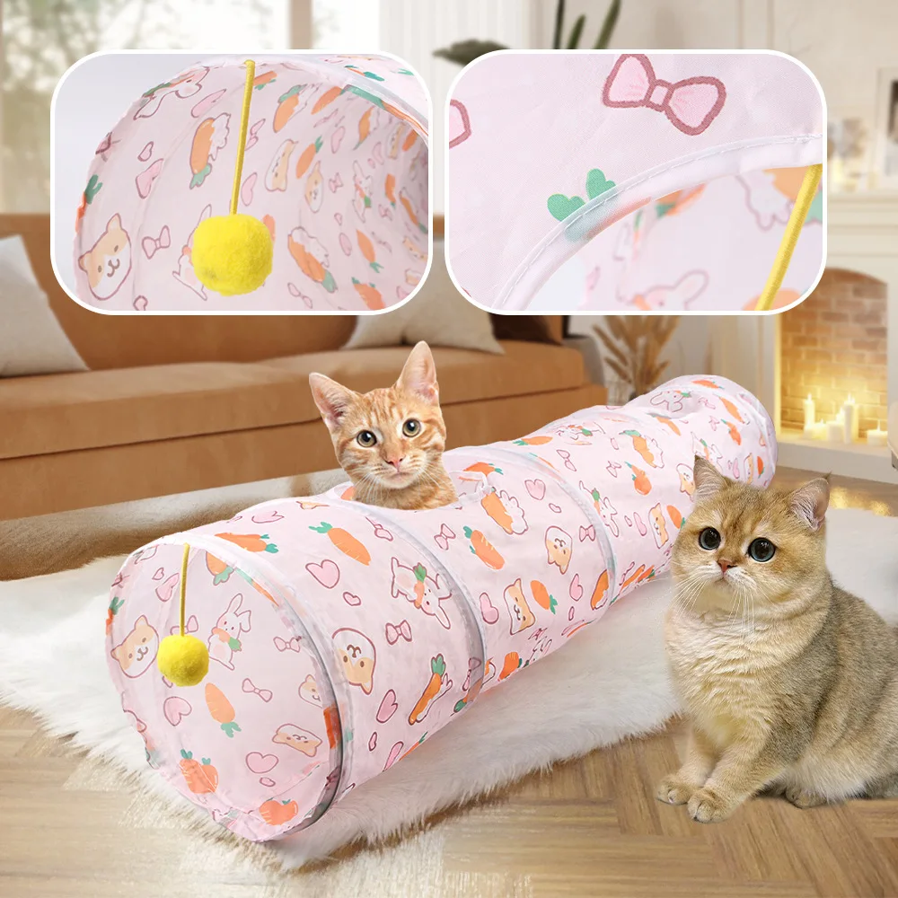 접이식 고양이 터널 장난감, 폼폼 볼 장식, 긁힘 방지 접이식 애완동물 놀이 터널 (새끼 고양이, 토끼, 기니피그용)