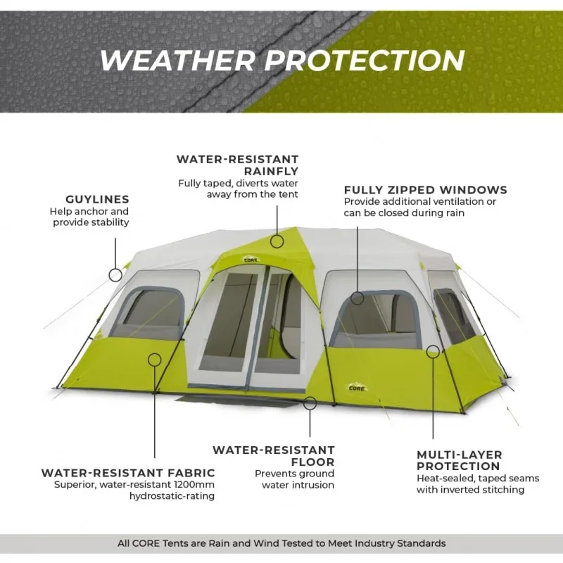 CORE 12 Person Instant Cabin Tent 3 Room Huge Tent for Family with Storage Pockets for Camping Accessories Portable Large Po