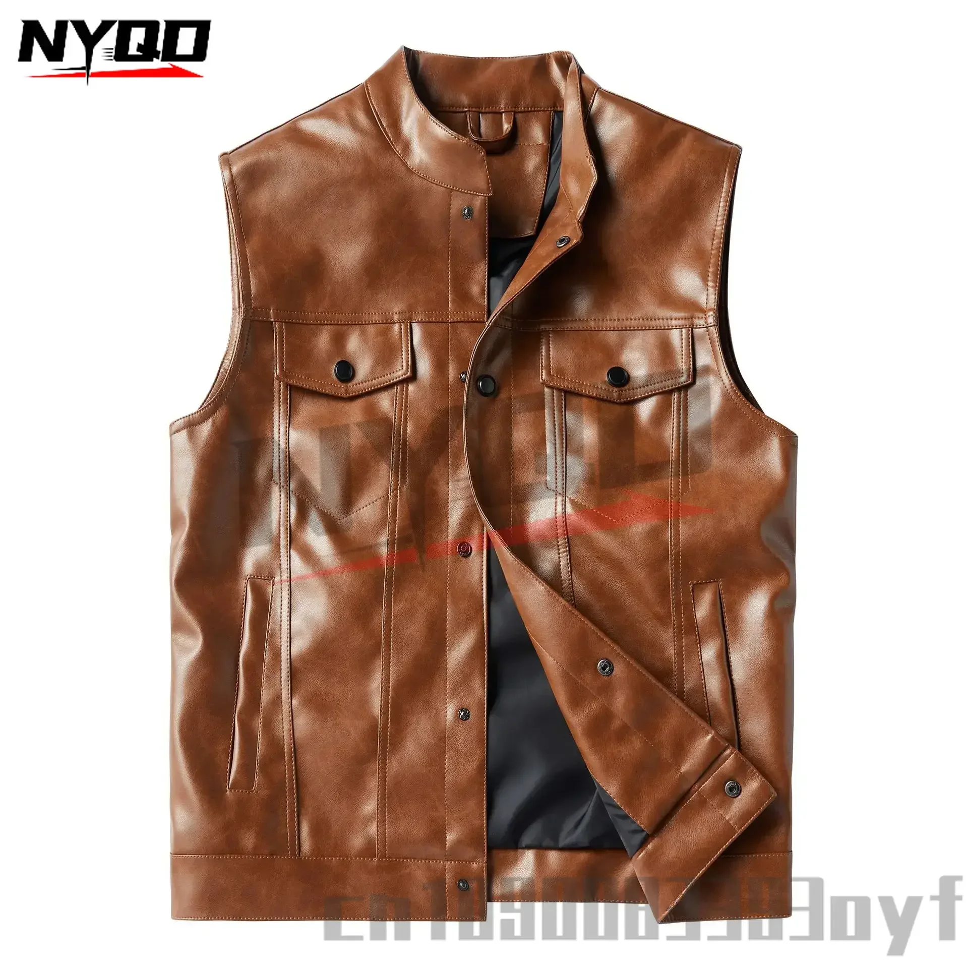 Men's Motorcycle Multi-pocket Pu Vest Casual Sleeveless Stand-collar Jacket Trendy Large Size S-4XL