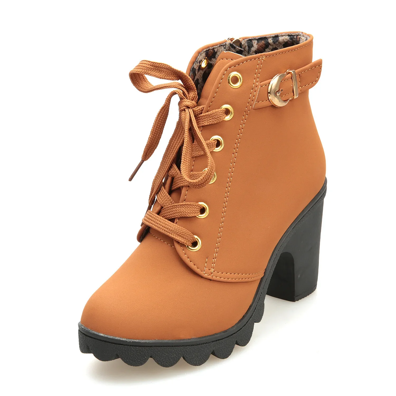 Platform Ankle Boots Women High Heel Lace Up Buckle Artificial Leather