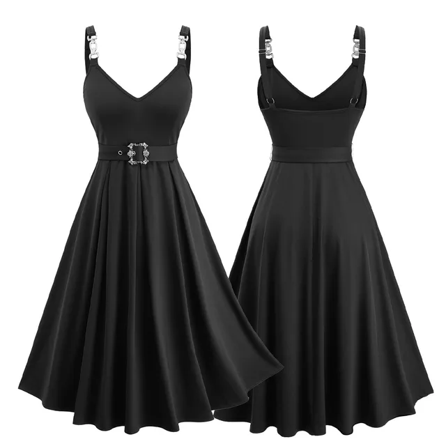 ROSEGAL Plus Size Women's Casual Dresses with Removable Belt，2026 New Adjustable Shoulder Strap Dresses Black Vestidos 5XL