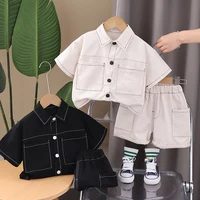 Vêtements d'été pour enfants garçons, vêtements de travail solides, T-Shirts à manches courtes avec dessin animé, pantalons courts, ensemble de survêtement 3