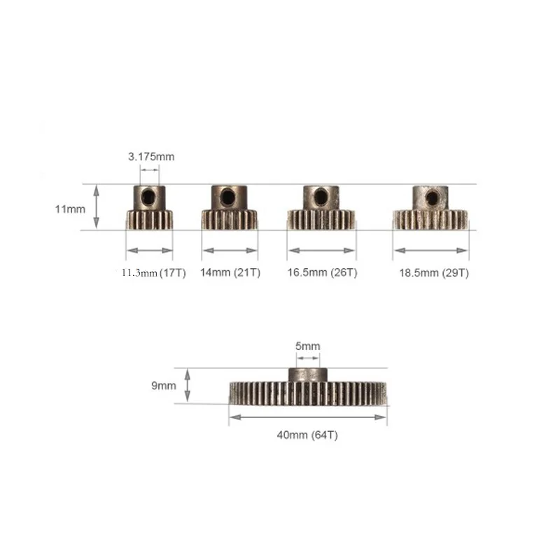 Gros plan sur des pignons moteur RC 1/10 32P en métal, dentelure précise pour transmission de puissance